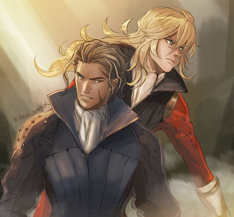 2boys, androgynous, blonde_hair, brown_hair, closed_mouth, commentary_request, erhardt_(octopath_traveler), floating_hair, green_eyes, long_hair, male_focus, mature_male, multiple_boys, octopath_traveler, octopath_traveler_i, olberic_eisenberg, regan_(hatsumi), scar, scar_on_face, standing, wavy_hair