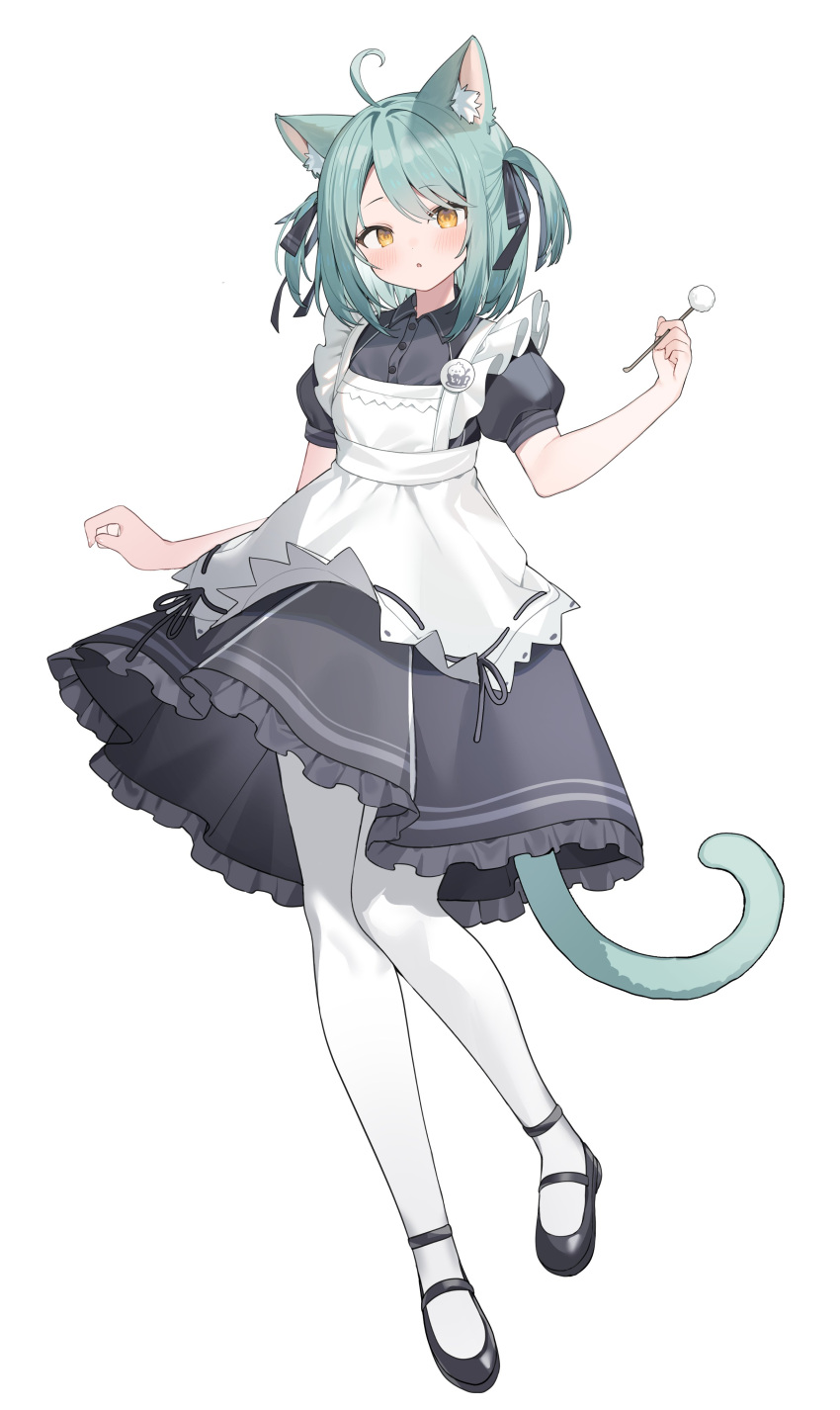 1girl, absurdres, animal_ears, apron, black_dress, black_shoes, cat_ears, cat_girl, cat_tail, character_request, commission, copyright_request, dress, frilled_dress, frills, full_body, grey_hair, highres, inuyayo, looking_at_viewer, maid, maid_apron, mary_janes, mimikaki, pantyhose, puffy_short_sleeves, puffy_sleeves, shoes, short_hair, short_sleeves, simple_background, skeb_commission, tail, two_side_up, white_apron, white_background, white_pantyhose