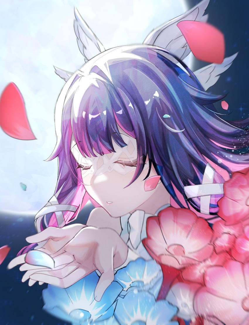 1girl, angel_wings, aqua_petals, black_hair, blue_flower, blunt_bangs, bow, bowtie