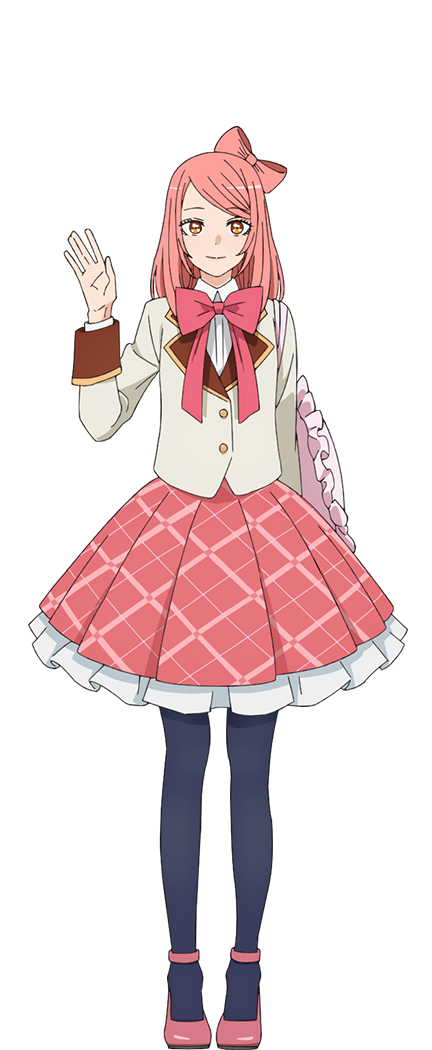 1boy, 1girl, anime_coloring, arm_up, black_pantyhose, blazer, blush, bow, bowtie, brown_eyes, closed_mouth, collared_shirt, crossdressing, frilled_bag, frilled_skirt, frills, full_body, hair_bow, himeno_amane, ishida_kazumasa, jacket, long_hair, long_sleeves, looking_at_viewer, mary_janes, official_art, open_hand, palms, pantyhose, pink_bow, pink_bowtie, pink_hair, pink_skirt, red_shoes, shirt, shoes, simple_background, skirt, smile, solo, sono_bisque_doll_wa_koi_wo_suru, standing, trap, white_jacket, white_shirt