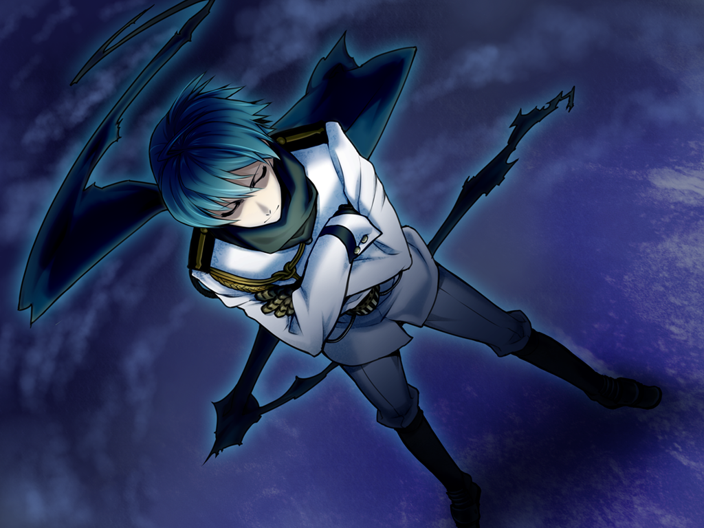1boy, belt, blue_hair, boots, closed_eyes, expressionless, knee_boots, kome_(vm500)