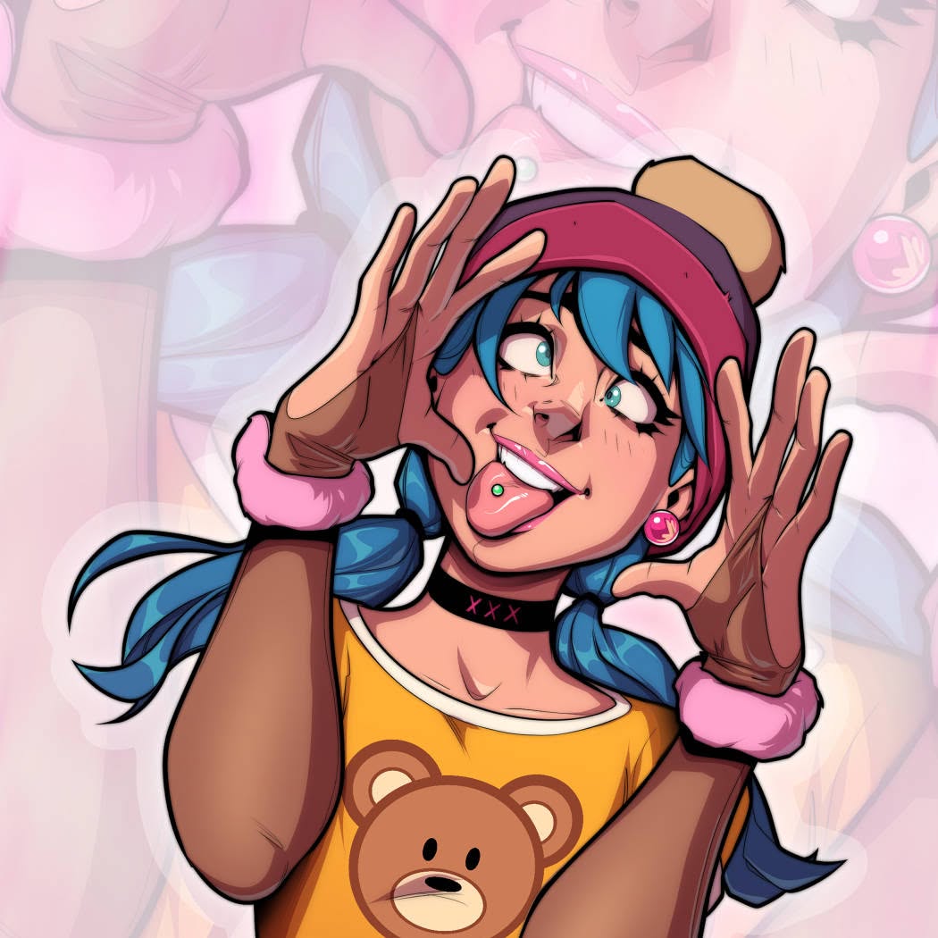 1girl, animal_print, arms_up, beanie, bear_print, black_choker, blue_eyes, blue_hair