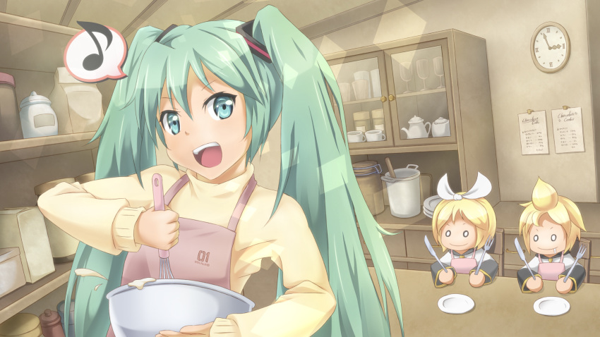 apron, green_eyes, green_hair, hatsune_miku, kagamine_len, kagamine_rin, long_hair, onsen_(riai)