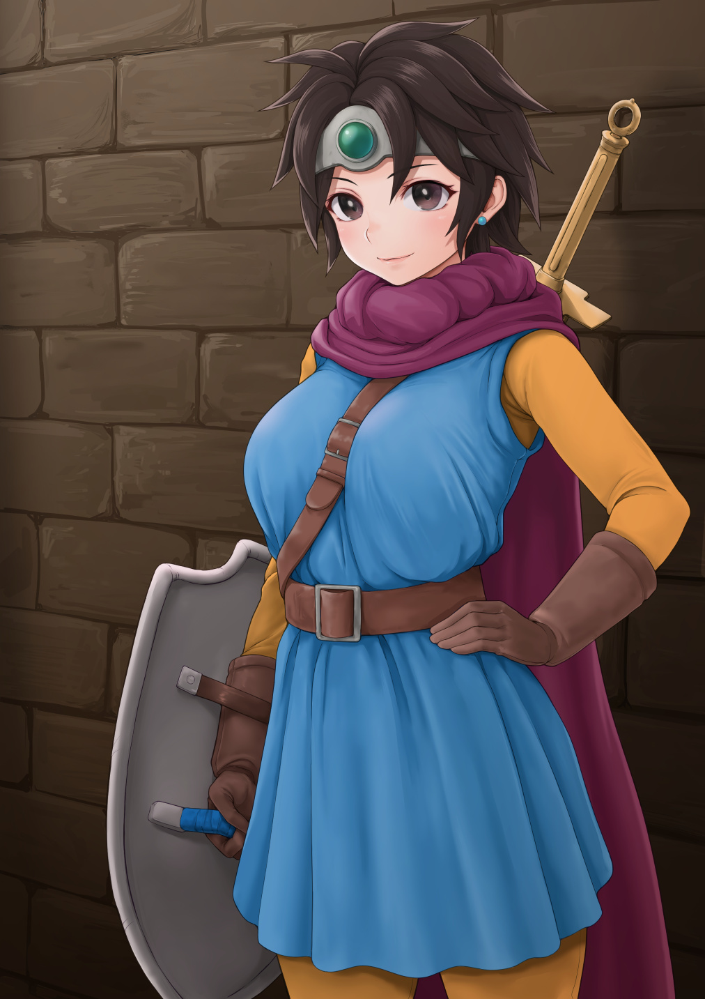 1girl, armor, blue_dress, bodysuit, brown_gloves, brown_hair, cape, cowboy_shot