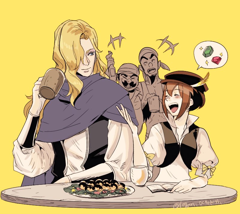 +++, 1girl, 3boys, androgynous, beret, black_hat, blonde_hair, blue_eyes, blush, brown_hair, commentary_request, cup, food, hat, hat_feather, holding, holding_cup, leon_bastralle, long_hair, mug, multiple_boys, octopath_traveler, octopath_traveler_i, regan_(hatsumi), simple_background, sitting, smile, spoken_object, spoken_sparkle, table, teeth, tressa_colzione, upper_teeth_only, wavy_hair, yellow_background