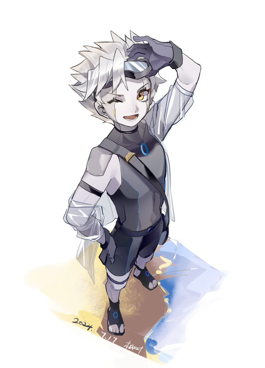 1boy, colored_skin, dated, from_above, goggles, goggles_on_head, grey_hair, grey_skin