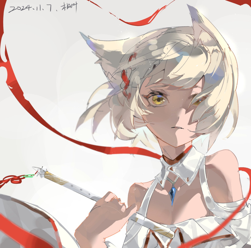 1girl, animal_ears, bare_shoulders, cat_ears, cat_girl, closed_mouth, dated, eyelashes, flute, grey_hair, hashtag-only_commentary, highres, holding, holding_flute, holding_instrument, instrument, kiki22269437045, mio_(xenoblade), solo, upper_body, xenoblade_chronicles_(series), xenoblade_chronicles_3, yellow_eyes