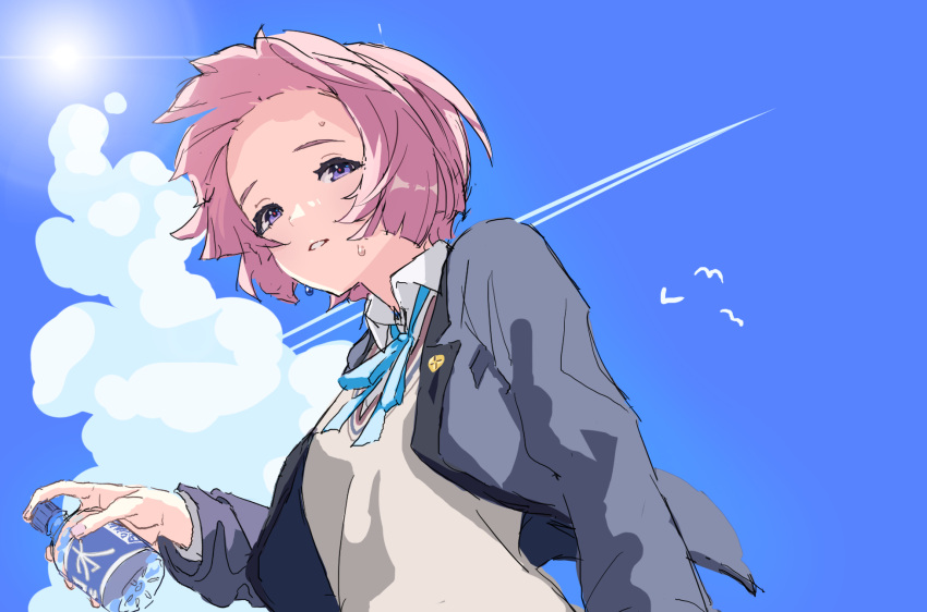 1girl, arimura_mao, black_jacket, blue_sky, bottle, brown_sweater, clouds, collared_shirt