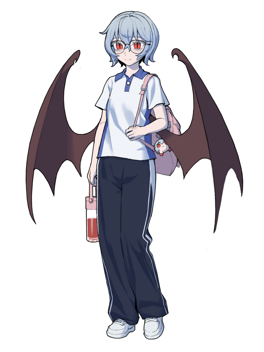 1girl, absurdres, alternate_costume, backpack, bag, bat_wings, blood, blue_shirt