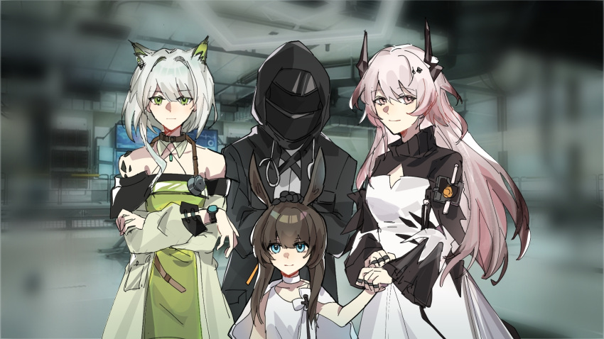 1other, 3girls, amiya_(arknights), amiya_(young)_(arknights), animal_ears, arknights, black_horns, black_jacket, blue_eyes, blurry, brown_hair, cape, chinese_commentary, choker, commentary_request, crossed_arms, doctor_(arknights), green_eyes, grey_hair, group_picture, hands_on_another's_head, highres, holding_hands, hood, hood_up, hooded_jacket, horns, indoors, jacket, jewelry, kal'tsit_(arknights), long_hair, long_sleeves, looking_at_viewer, material_growth, moliyuu, multiple_girls, multiple_rings, oripathy_lesion_(arknights), pink_eyes, pink_hair, ring, short_hair_with_long_locks, stethoscope, stethoscope_around_neck, theresa_(arknights), vignetting, watch, watch, white_cape, white_choker