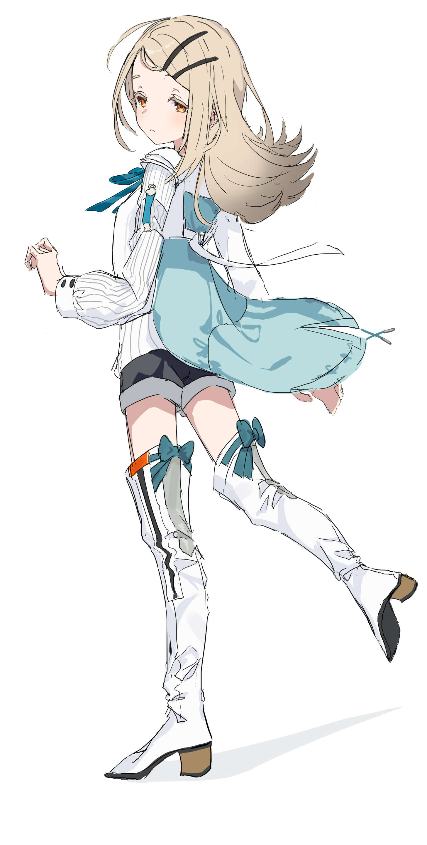 1girl, absurdres, black_shorts, blonde_hair, blush, boots, closed_mouth, commentary