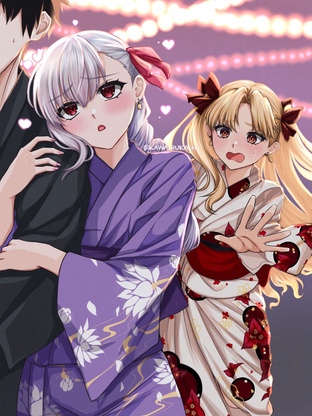 1boy, 2girls, blonde_hair, blush, bow, breasts, earrings, ereshkigal_(fate)