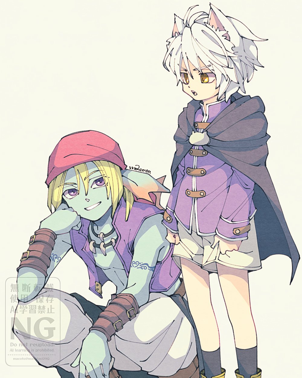 29qmatatavi, 2boys, animal_ears, aqua_skin, arm_guards, arm_tattoo, back_fin, bandana