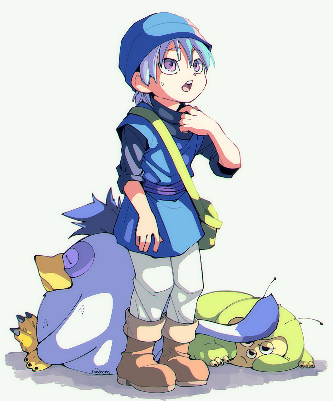 1boy, 29qmatatavi, aged_down, antennae, bag, black_shirt, blue_hat, blue_tunic