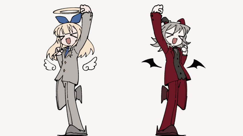 >_<, 2girls, aiobahn, akuma_(tententengokujigokugoku), angel_and_devil, animated, animated_gif, arm_up