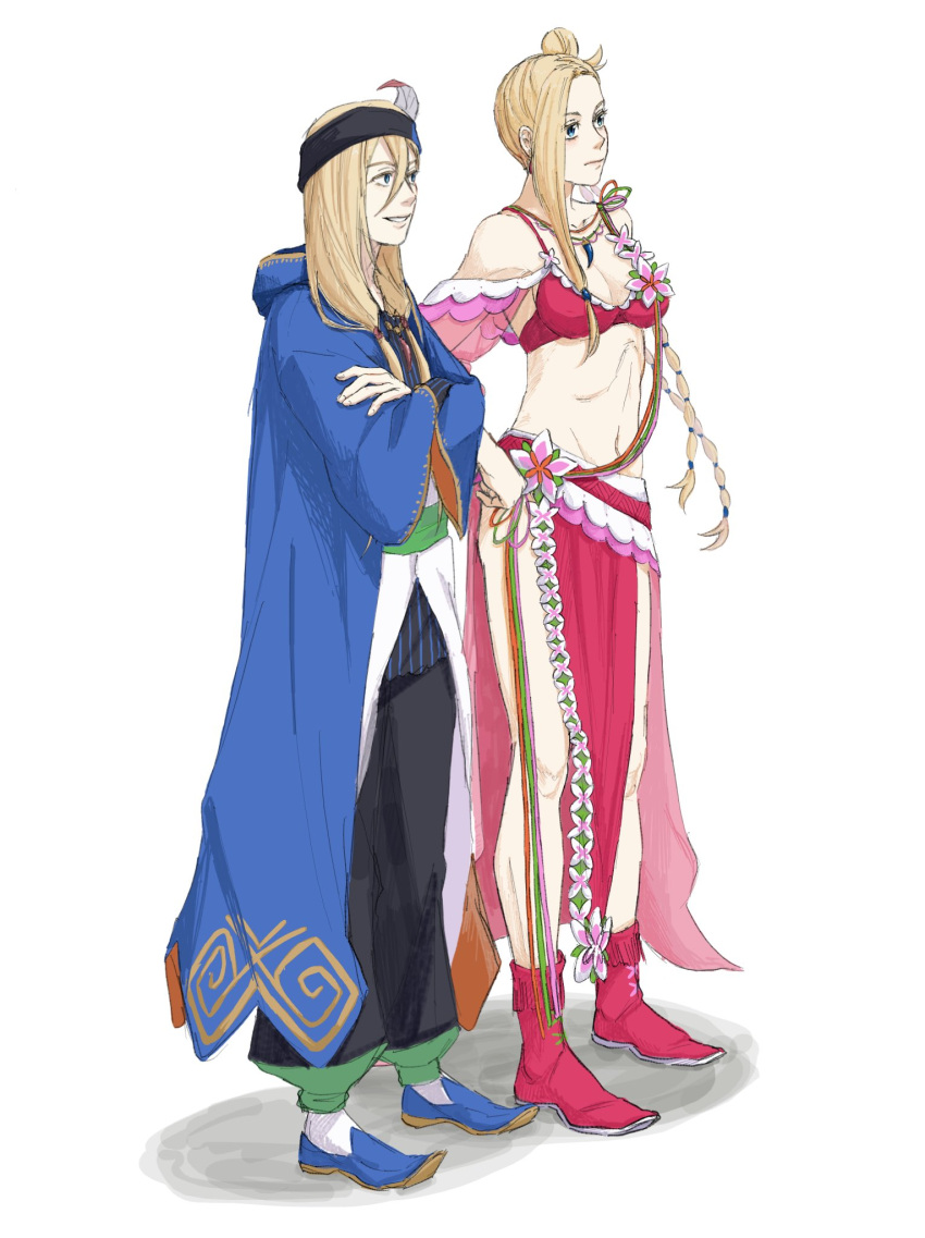 1boy, 1girl, bare_shoulders, black_hairband, black_pants, blonde_hair, blue_eyes, blue_robe