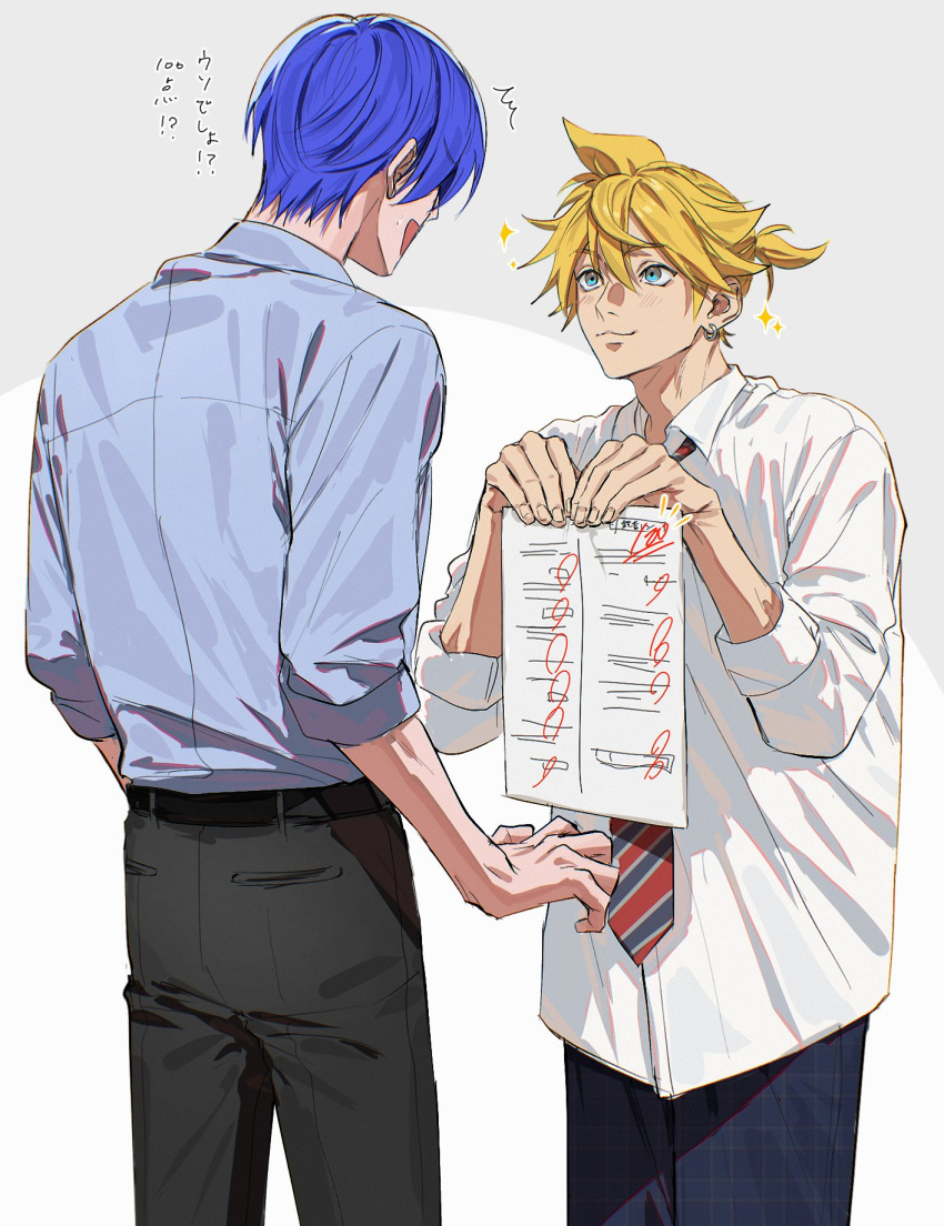 2boys, :3, ^^^, arms_up, black_pants, blonde_hair, blue_hair, blue_pants, blue_shirt, closed_mouth, collared_shirt, commentary_request, diagonal-striped_clothes, diagonal-striped_necktie, fingernails, hair_between_eyes, highres, holding, holding_paper, kagamine_len, kaito, kaito_(vocaloid), male_focus, multicolored_necktie, multiple_boys, necktie, open_mouth, pants, paper, parted_bangs, ponytail, quiz, shirt, shirt_tucked_in, short_hair, short_ponytail, sleeve_cuffs, sparkle, sparkling_aura, standing, striped_clothes, surprised, tetorutti35, translation_request, vocaloid, white_shirt, wing_collar
