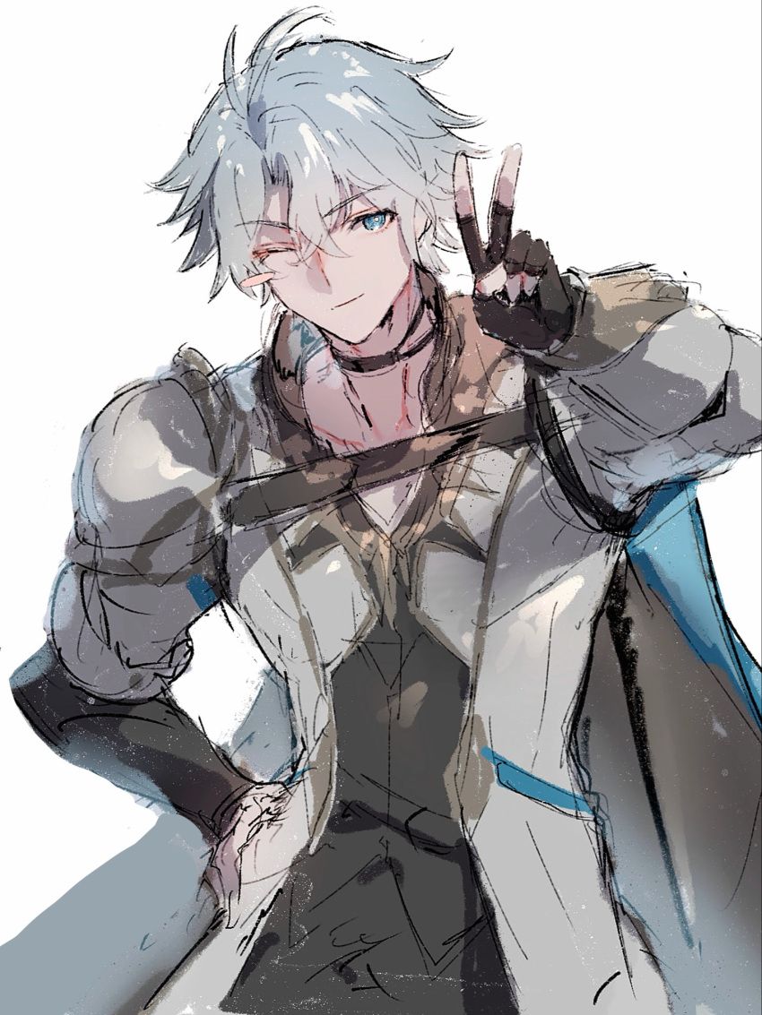 1boy, arm_up, black_choker, black_gloves, blue_cape, blue_eyes, cape, chest_strap