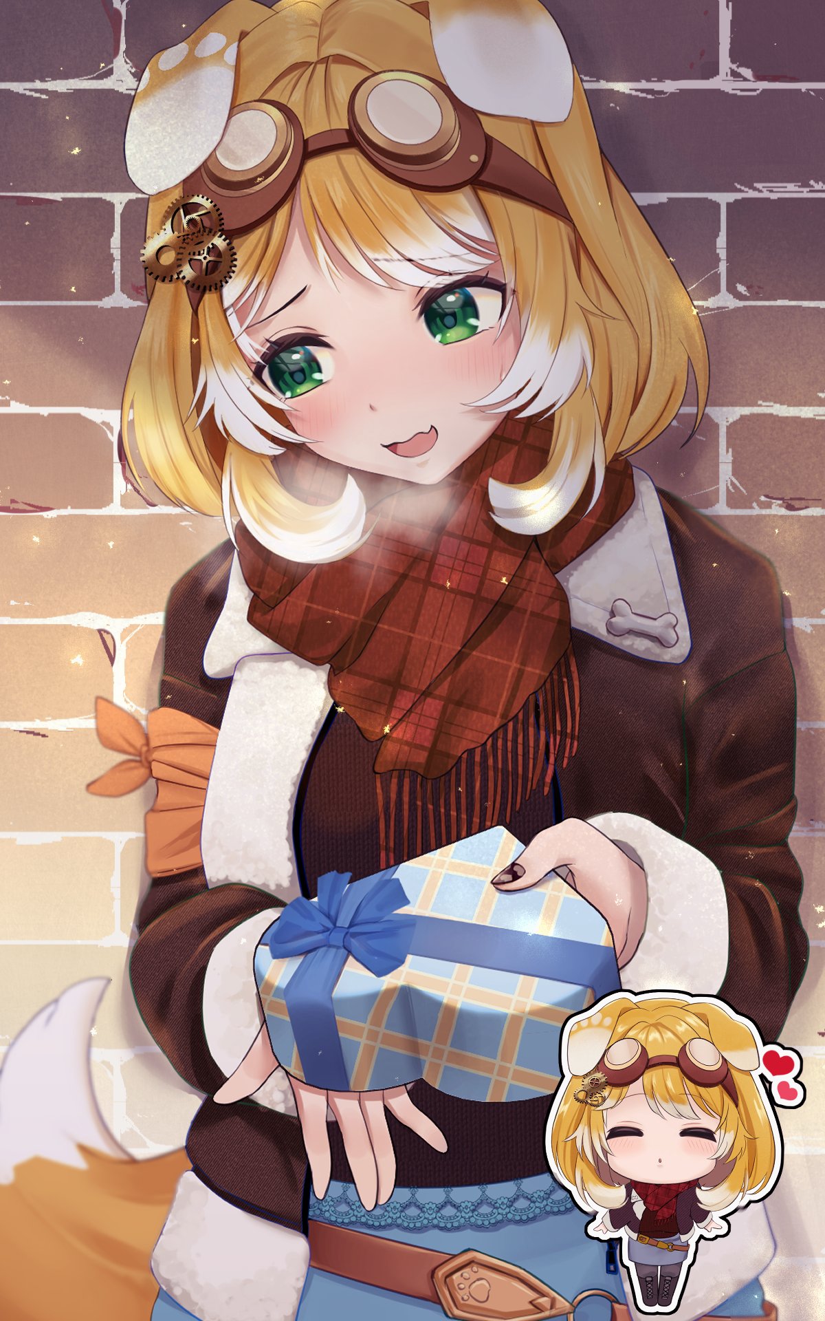 1girl, animal_ears, black_nails, blonde_hair, blue_skirt, blush, bonnie_barkswell, box, breath, brick_wall, brown_scarf, cartoon_bone, chibi, closed_eyes, colored_tips, dog_ears, dog_girl, dog_tail, eyewear_on_head, gears, gift, gift_box, globie, green_eyes, heart, heart-shaped_box, highres, holding, holding_box, illustsaboko, multicolored_hair, open_mouth, scarf, skirt, smile, tail, white_hair