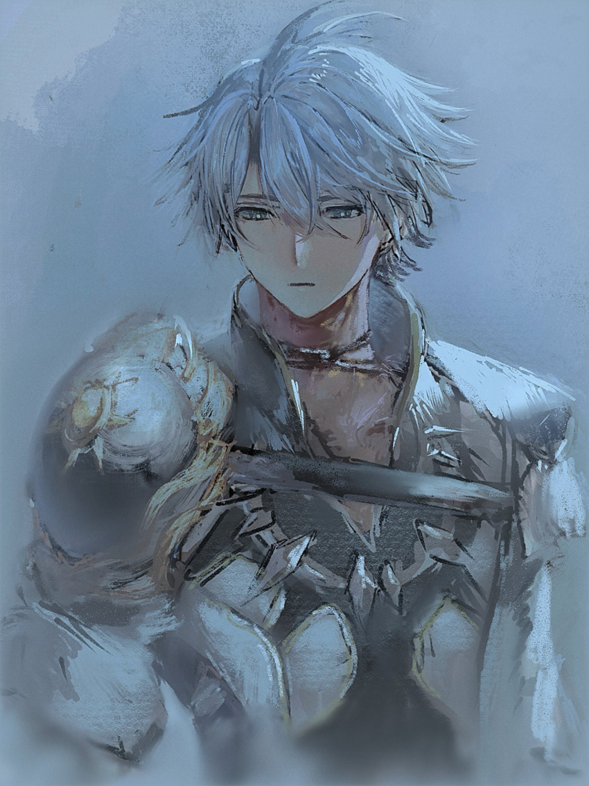 1boy, armor, black_choker, black_straps, chest_strap, choker, closed_mouth, collared_shirt, grey_eyes, grey_hair, highres, honkai:_star_rail, honkai_(series), looking_down, male_focus, miton_(vvse5752), parted_bangs, pauldrons, phainon_(honkai:_star_rail), popped_collar, shirt, shoulder_armor, single_pauldron, solo, upper_body