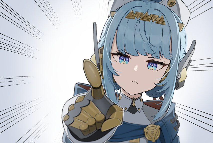 1girl, android, blue_eyes, blue_hair, closed_mouth, emphasis_lines, genshin_impact, hair_ornament