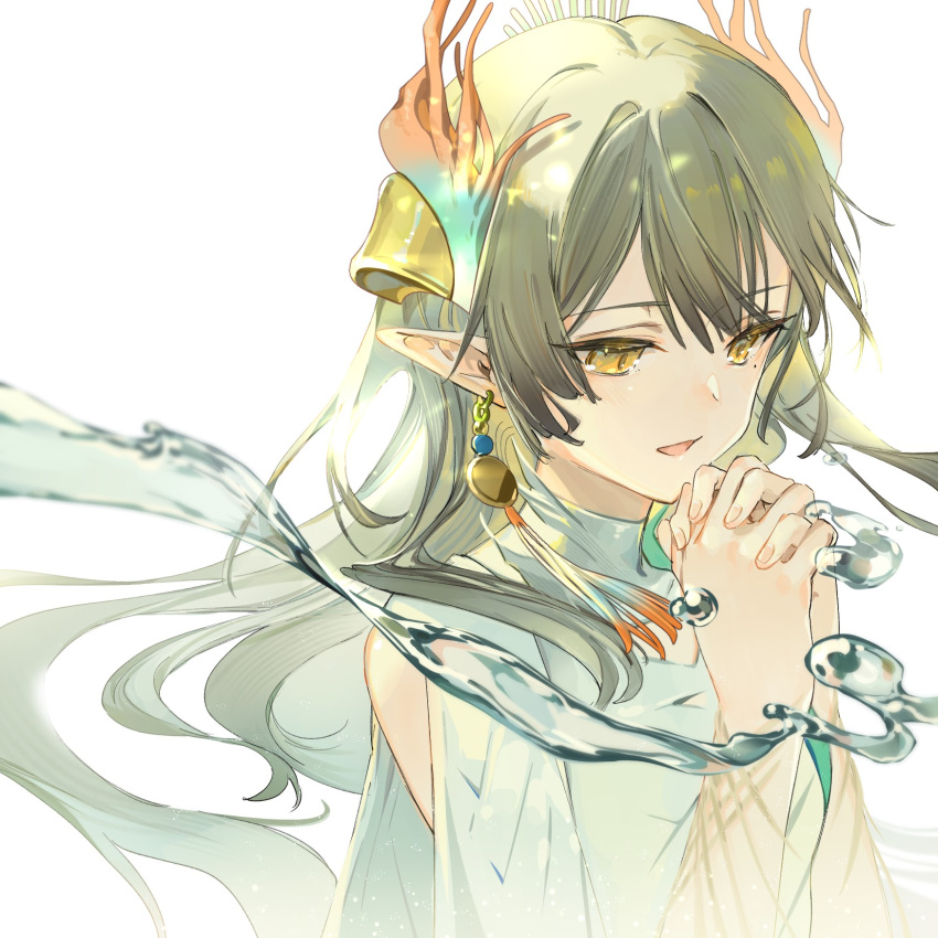 1girl, arknights, dress, earrings, floating, highres, imoko_(imonatsuki), jewelry, laurel_crown, laurels, long_hair, looking_to_the_side, mole, mole_under_eye, muelsyse_(arknights), muelsyse_(young_branch)_(arknights), official_alternate_costume, own_hands_clasped, own_hands_together, parted_lips, pointy_ears, simple_background, sleeveless, sleeveless_dress, solo, tassel, tassel_earrings, water, white_background, white_dress, yellow_eyes