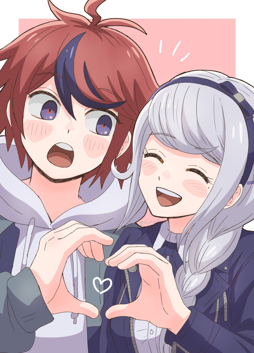 1boy, 1girl, :d, :o, ^_^, ahoge, black_hairband, black_jacket