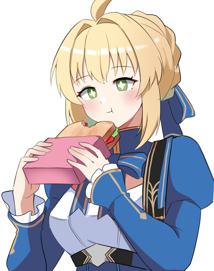 +_+, 1girl, ahoge, artoria_pendragon_(fate), belt, black_belt, blonde_hair, blue_bow, blue_bowtie, blue_dress, blush, bow, bowtie, braid, breasts, cleavage_cutout, closed_mouth, clothing_cutout, dress, eating, erushira, fate/stay_night, fate/unlimited_blade_works, fate_(series), food, green_eyes, hair_between_eyes, hair_bow, hands_up, highres, holding, holding_food, holding_sandwich, honkai:_star_rail, honkai_(series), huge_ahoge, juliet_sleeves, long_sleeves, looking_at_food, medium_breasts, puffy_sleeves, saber_(fate), saber_(honkai:_star_rail)_(fate), sandwich, short_hair, sidelocks, simple_background, smile, solo, two-tone_dress, upper_body, white_background, white_dress