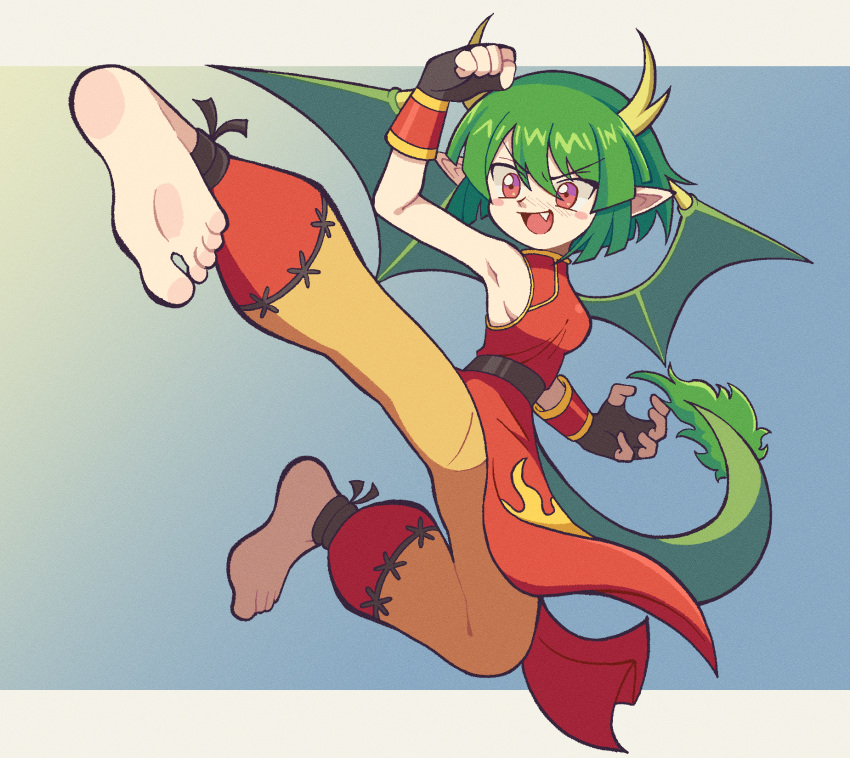 1girl, alternate_costume, ankle_wrap, baggy_pants, barefoot, castussan, china_dress, chinese_clothes