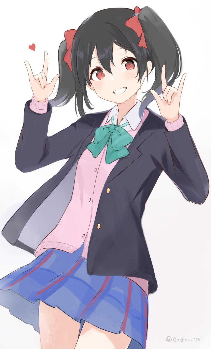 1girl, \m/, absurdres, black_hair, black_jacket, blazer, blue_skirt, blush