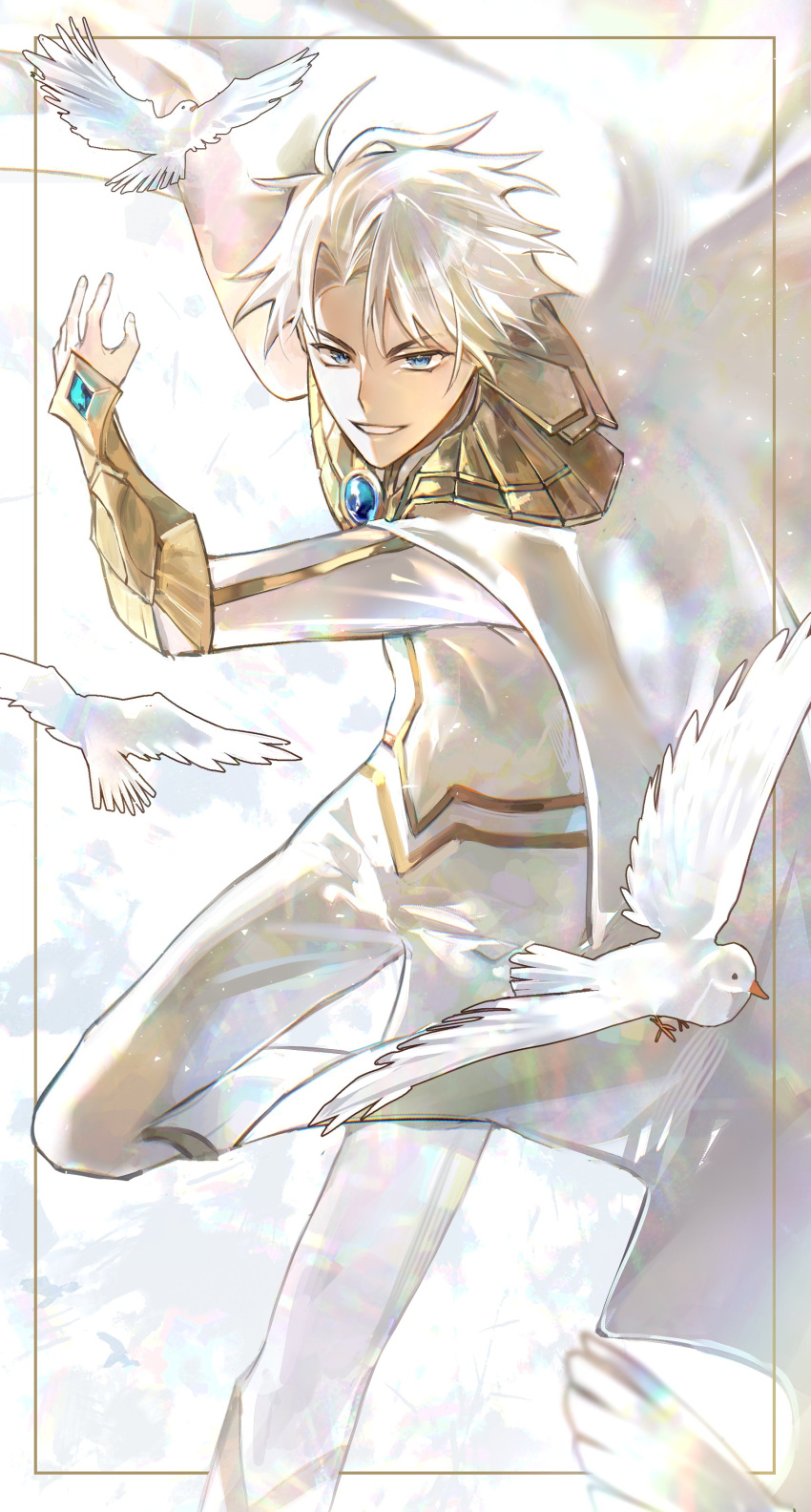 1boy, absurdres, ahoge, arm_up, bird, blue_eyes, border, brooch