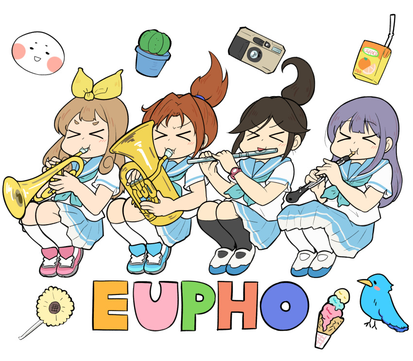 4girls, bird, black_hair, blonde_hair, blue_bird, blue_sailor_collar, blue_skirt, brown_hair