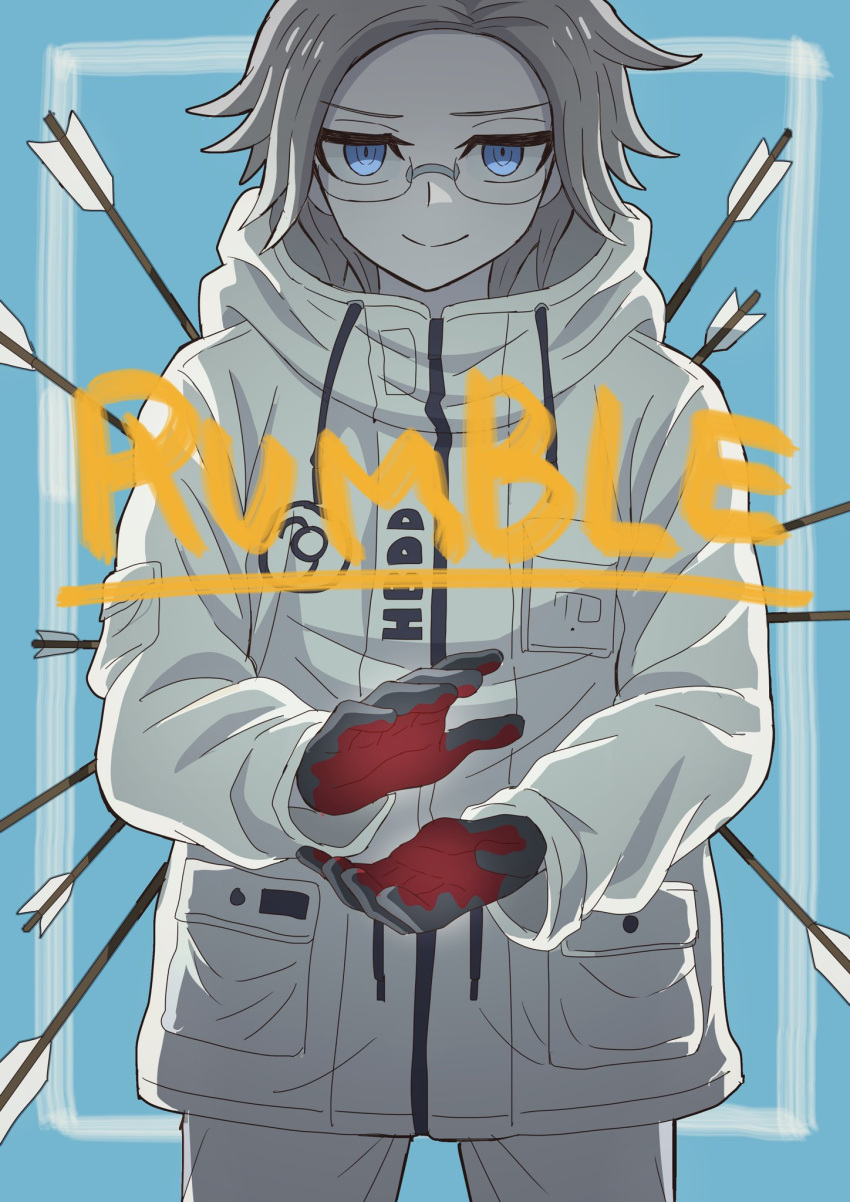 1boy, aotsuki_eito, arrow_(projectile), black_gloves, blood_on_gloves, blue_background, blue_eyes, english_text