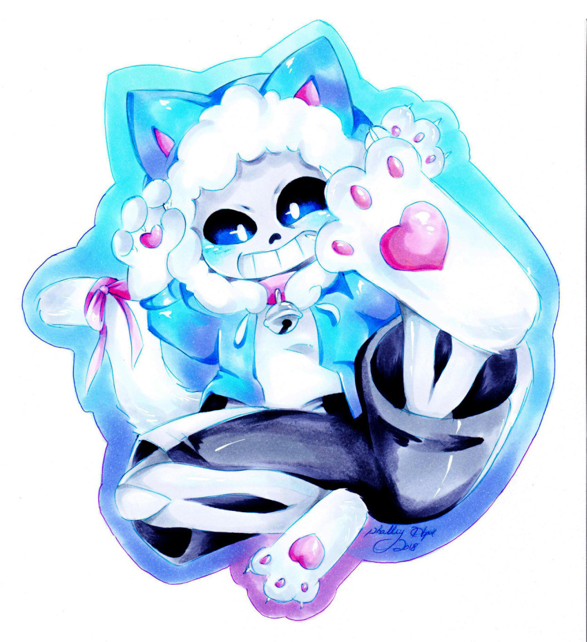 1boy, 2018, 2d, animal_ears, animal_hood, bell_collar, black_shorts, blue_hood, blue_jacket, bow, cat_ears, cat_hood, cat_tail, collar, cute, drawstring, full_body, fur-trimmed_hood, fur_trim, hood, hood_up, hooded_jacket, humanoid, jacket, male, male_focus, male_only, mint-2147, monster, monster_boy, open_clothes, open_jacket, paw_gloves, paw_socks, pink_bow, pink_collar, pink_ribbon, ribbon, sans_(undertale), shirt, shorts, signature, simple_background, skeleton, socks, solo, striped_shorts, tail, teeth, traditional_media, undead, undertale, utdr_(toby_fox), vertical-striped_clothes, vertical-striped_shorts, white_background, white_shirt, white_socks, white_stripes