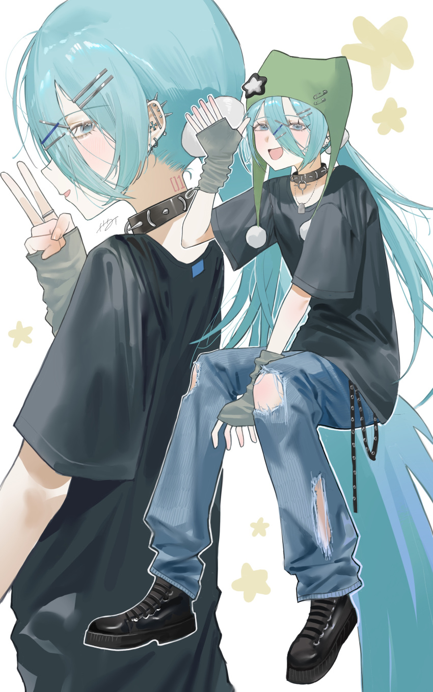 1girl, absurdres, alternate_costume, aqua_hair, black_collar, black_gloves, black_shirt, black_shoes