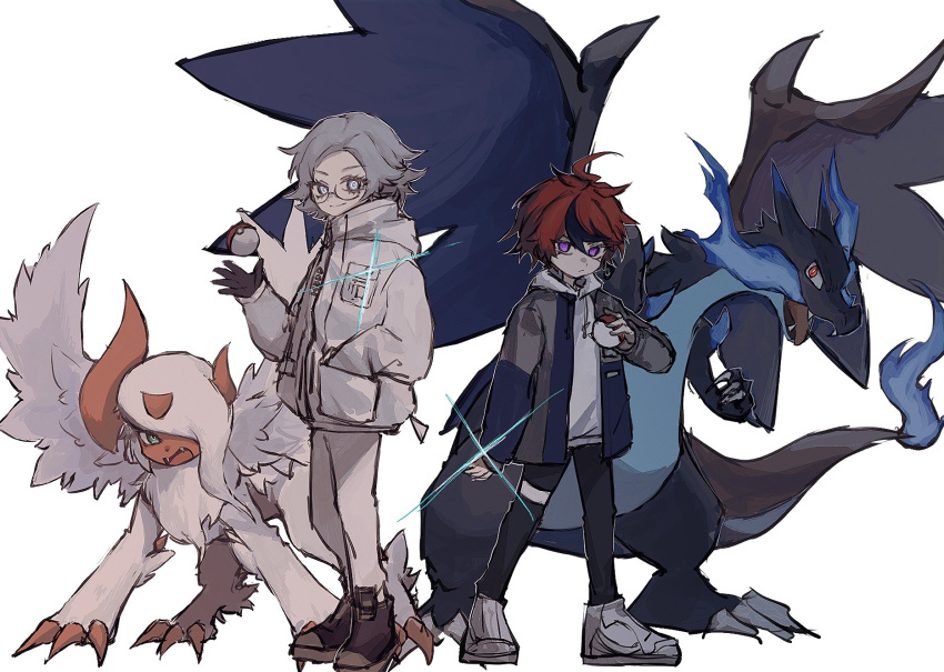 2boys, absol, ahoge, alternate_color, aotsuki_eito, black_gloves, black_pants, black_shoes