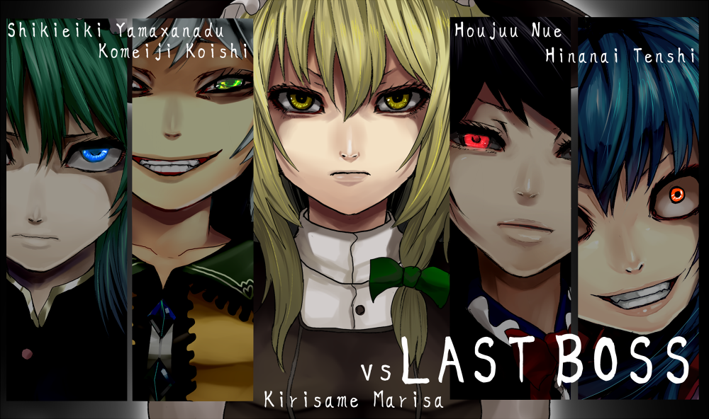 black_hair, blonde_hair, blue_eyes, blue_hair, crazy, crazy_eyes, face, green_eyes, green_hair, grin, hinanawi_tenshi, houjuu_nue, kirisame_marisa, komeiji_koishi, lips, multiple_girls, red_eyes, serious, shikieiki_yamaxanadu, silver_hair, smile, touhou, yakan_7