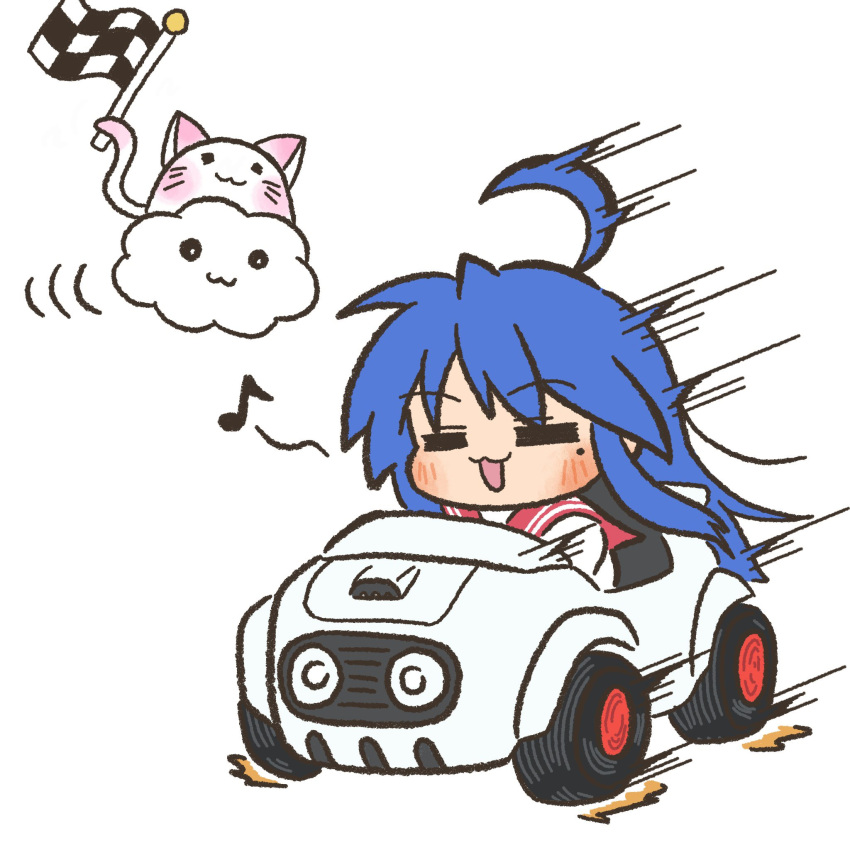 1girl, :3, =_=, ahoge, blue_hair, blush, car, cat