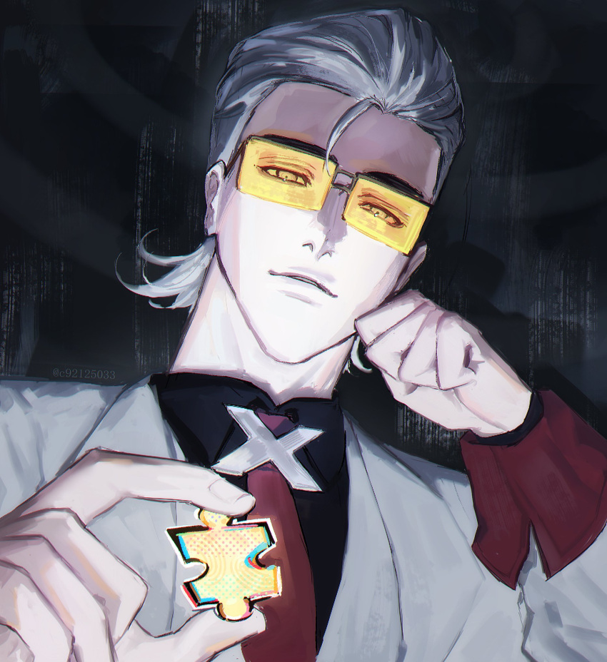 .kireen, 1boy, black_background, black_shirt, brooch, clenched_hand, commentary, english_commentary