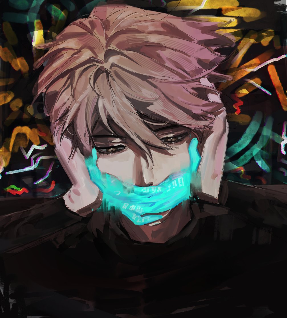 .kireen, 1boy, averting_eyes, black_eyes, blonde_hair, blue_skin, colored_skin, commentary