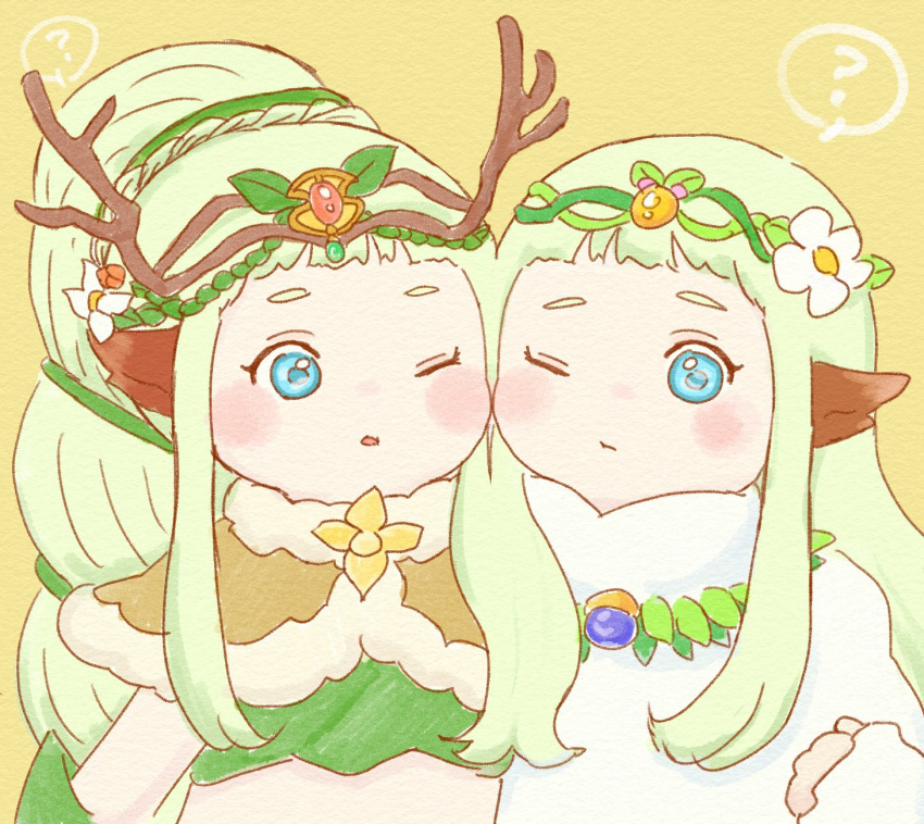 2girls, animal_ears, blue_eyes, chibi, fantasy_life, fantasy_life_online, flower, green_hair