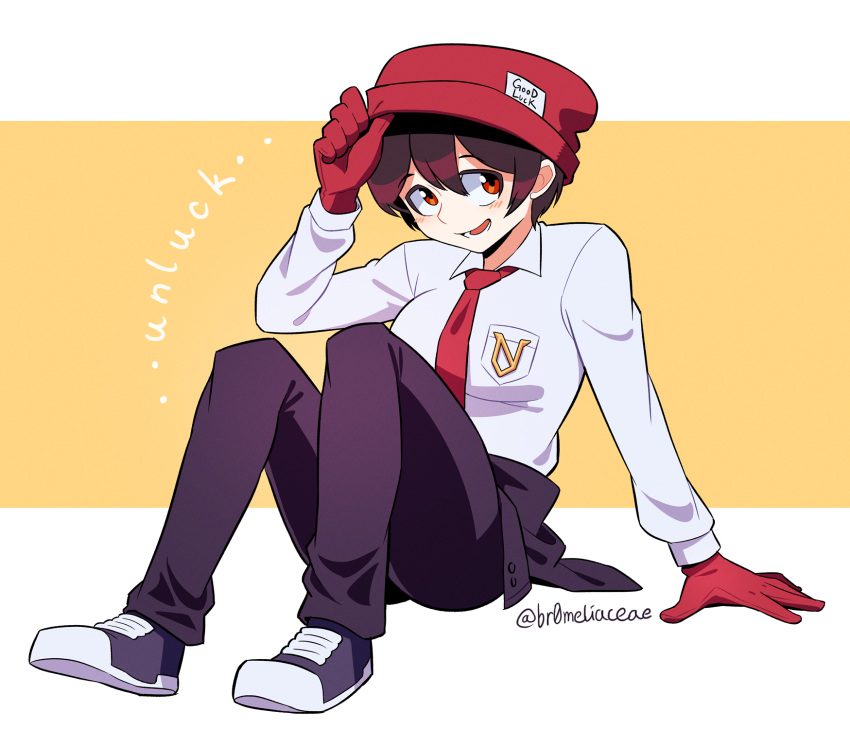 1girl, adjusting_clothes, adjusting_headwear, artist_name, beanie, black_hair, black_pants, breasts