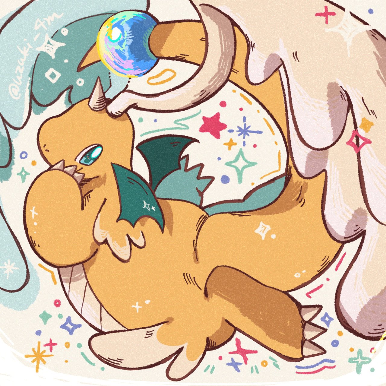claws, closed_mouth, dragon, dragonite, feathered_wings, full_body, green_eyes, head_wings