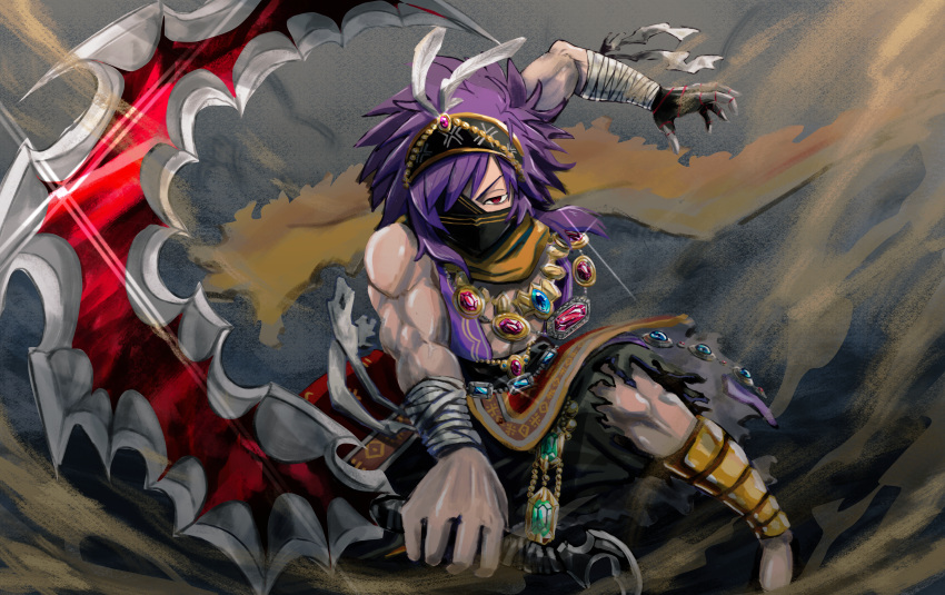 1boy, absurdres, arabian_clothes, bandaged_wrist, bandages, black_hairband, black_shoes, covered_mouth