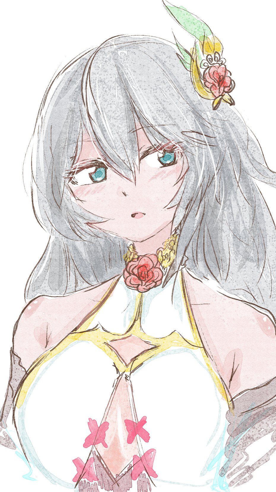 1girl, bad_id, bad_twitter_id, bare_shoulders, breasts, collarbone, detached_sleeves, flower, grimms_notes, hair_between_eyes, hair_flower, hair_ornament, highres, long_hair, looking_to_the_side, neck_flower, parted_lips, red_flower, red_rose, rose, rose_fairy_unfan_(grimms_notes), simple_background, sketch, solo, upper_body, viuiachan, white_background