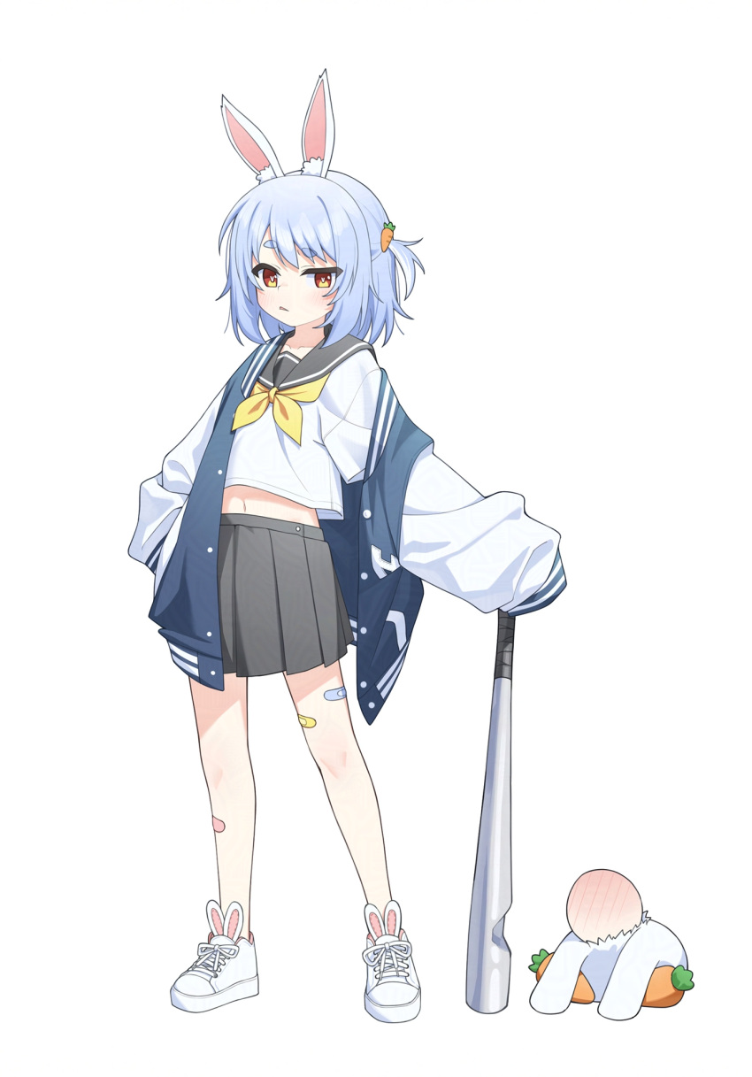 1girl, animal_ear_fluff, animal_ears, bandaid, bandaid_on_leg, baseball_bat, black_sailor_collar, black_skirt