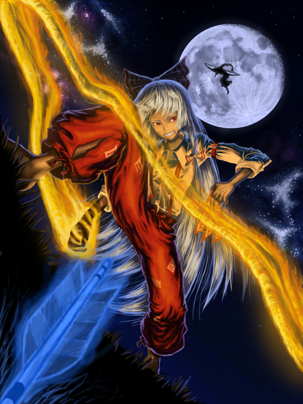 arrow, baraizo, battle, bow_(weapon), clenched_teeth, fire, floating, flying