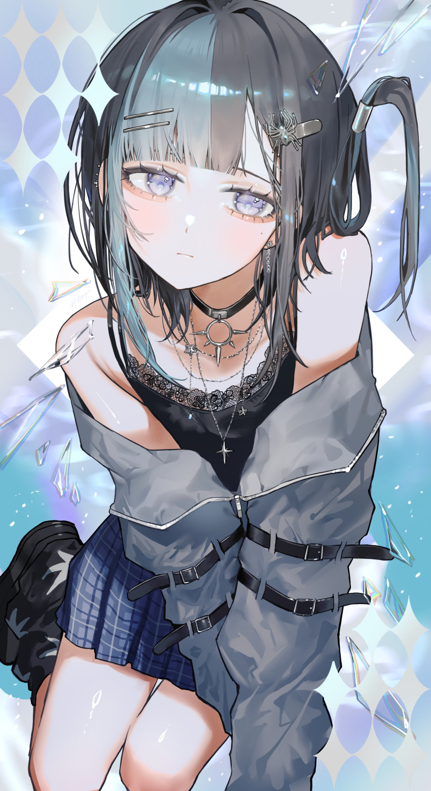 1girl, absurdres, aqua_hair, bare_shoulders, black_choker, black_hair, black_shirt, black_shoes, blue_skirt, choker, grey_eyes, grey_jacket, hair_ornament, hairclip, hakai_orz, highres, jacket, looking_at_viewer, multicolored_hair, off_shoulder, original, plaid_clothes, plaid_skirt, shirt, shoes, short_hair_with_long_locks, skirt, sleeveless, sleeveless_shirt, solo, two-tone_hair
