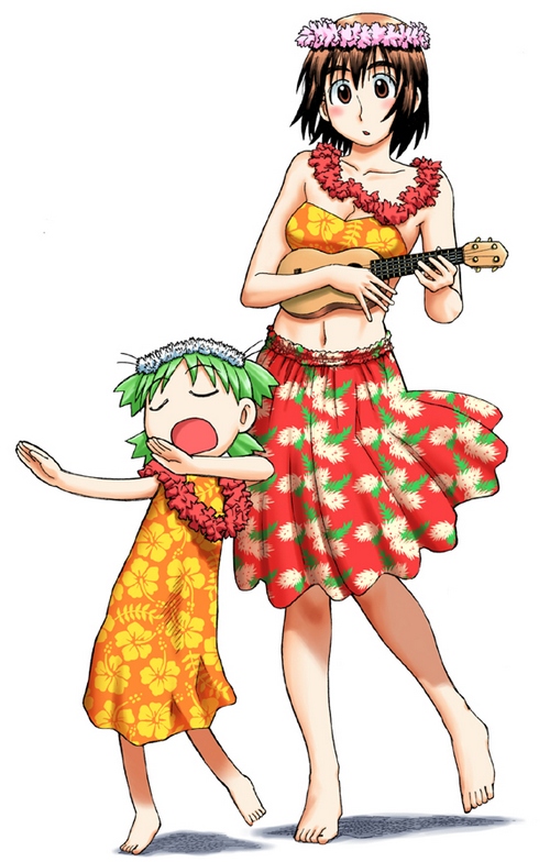 artist_request, ayase_fuuka, bandeau, barefoot, blush, brown_hair, child, dancing, dress, feet, green_hair, instrument, koiwai_yotsuba, lei, multiple_girls, musical_instrument, navel, open_mouth, quad_tails, short_hair, simple_background, skirt, ukelele, ukulele, yotsubato!