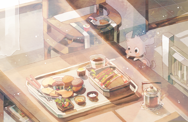 binch, chair, cup, cupcake, curtains, dog, food, fork, indoors, meal, no_humans, original, sandwich, spoon, sunlight, table, teacup, teapot, tray, vegetable, window